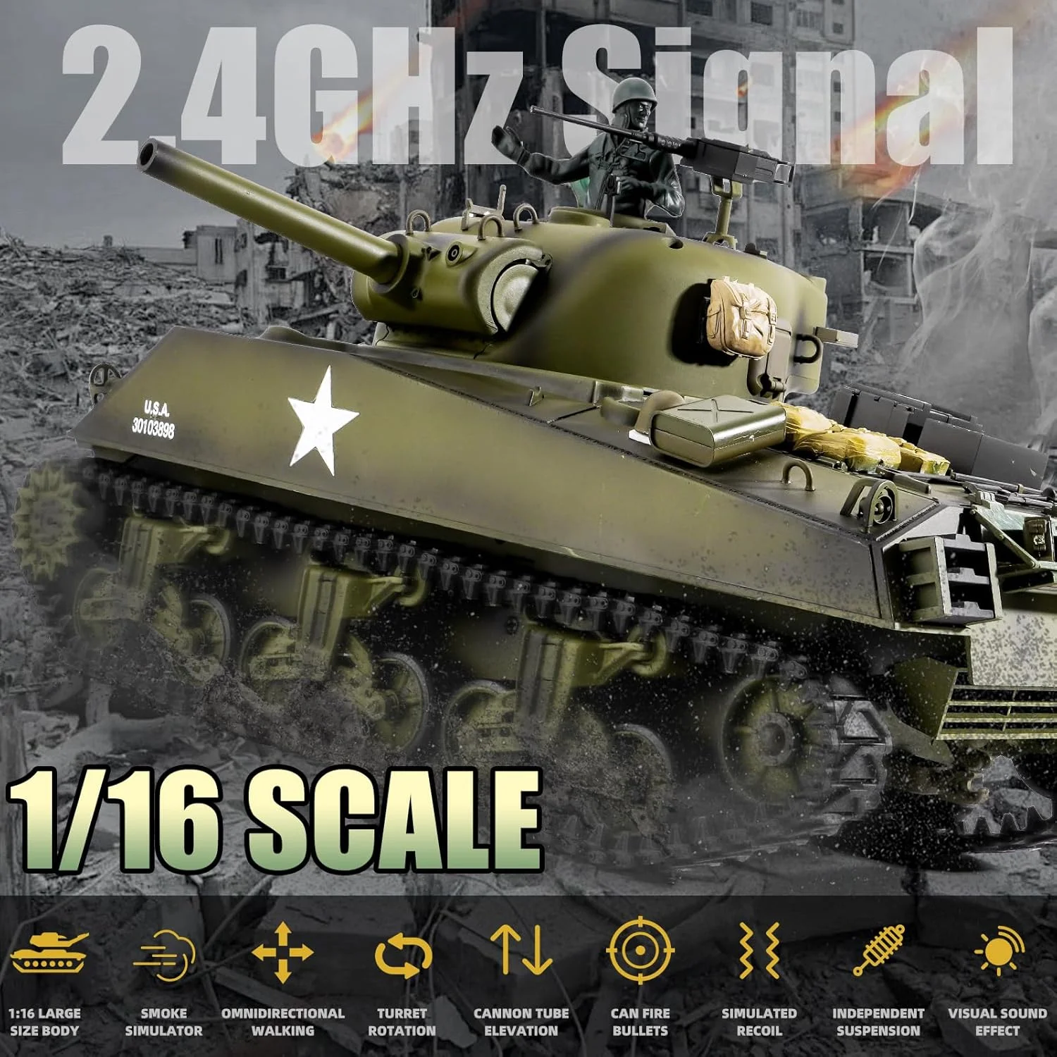 تانک کنترلی Henglong US M4A3 Sherman، مدل تانک جنگی اصلی با کنترل از راه دور 1/16، مدل وسایل نقلیه 2.4 گیگاهرتزی با صدا و نور برای سنین 14 سال به بالا