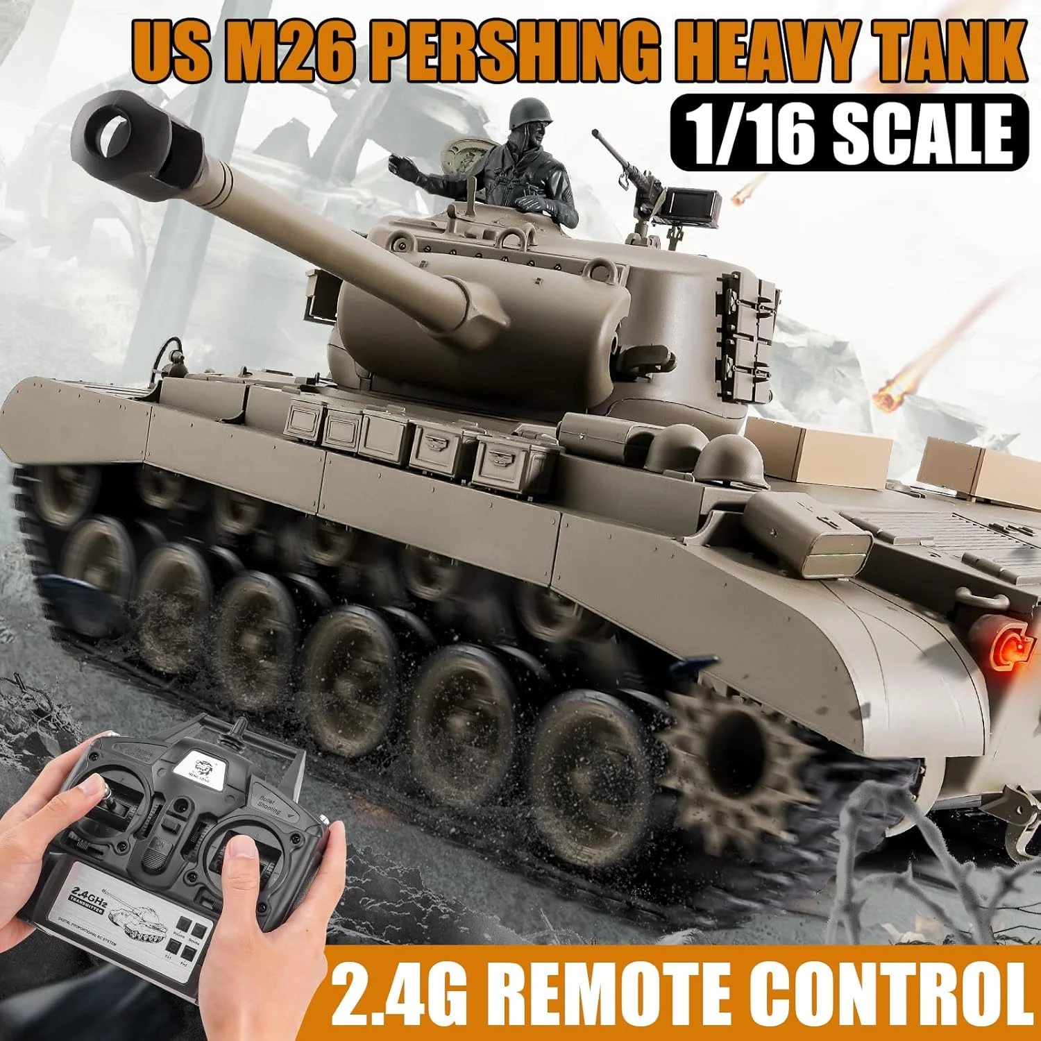 تانک کنترلی، تانک سنگین M26 پرشینگ Henglong US، تانک های آرسی تیرانداز 1/16 2.4 گیگاهرتزی، مدل وسایل نقلیه آرسی با صدا و نور برای سنین 14 سال به بالا