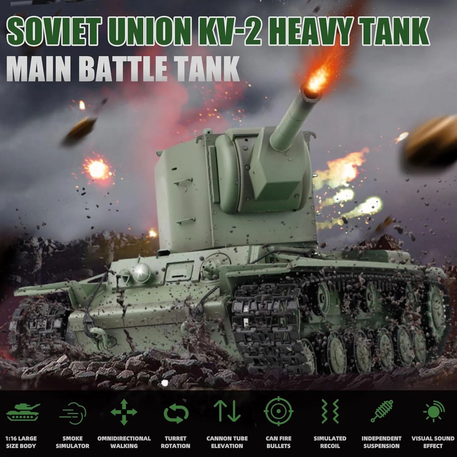 تانک کنترلی Heng Long Russia KV-2، مدل تانک سنگین روسی مقیاس 1/16 2.4 گیگاهرتزی با قابلیت شلیک، تانک های کنترلی از راه دور با صدا و نور مناسب برای سنین 14 سال به بالا