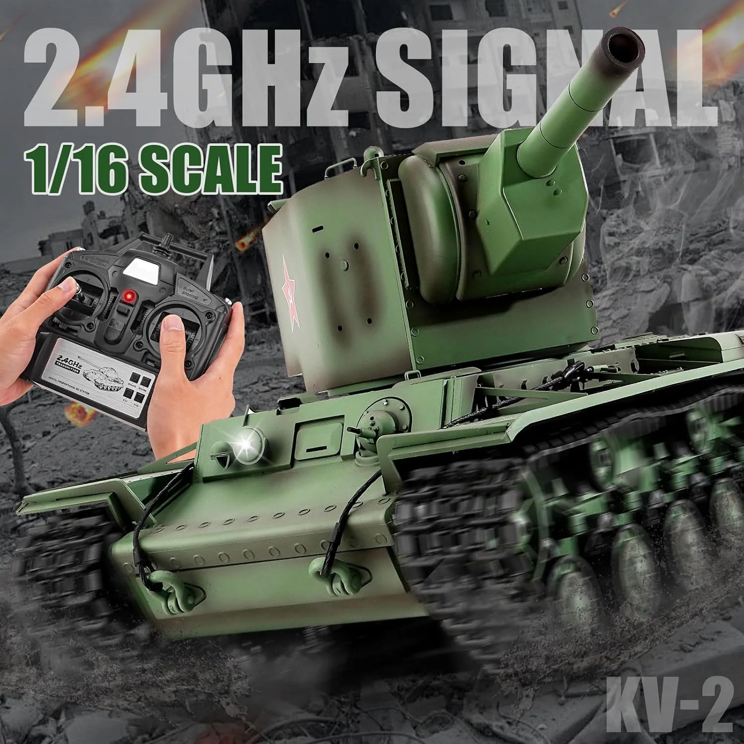 تانک کنترلی Heng Long Russia KV-2، مدل تانک سنگین روسی مقیاس 1/16 2.4 گیگاهرتزی با قابلیت شلیک، تانک های کنترلی از راه دور با صدا و نور مناسب برای سنین 14 سال به بالا