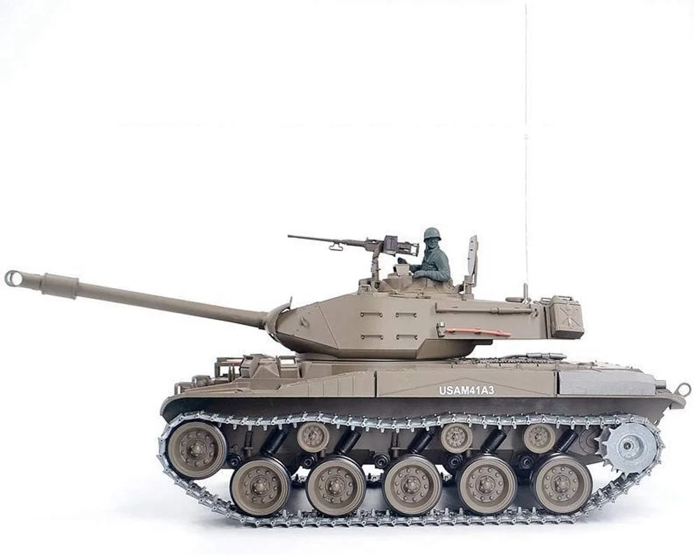 مدل تانک کنترلی از راه دور M41A3 نسخه 6.0، اسباب بازی جنگی، مدل اسباب بازی الکتریکی، تانک های آرسی با قابلیت چرخش و لگد شبیه سازی شده، کامیون اسباب بازی کودکان، هدیه با نور و قابلیت تعویض دنده (رنگ: نسخه فلزی)