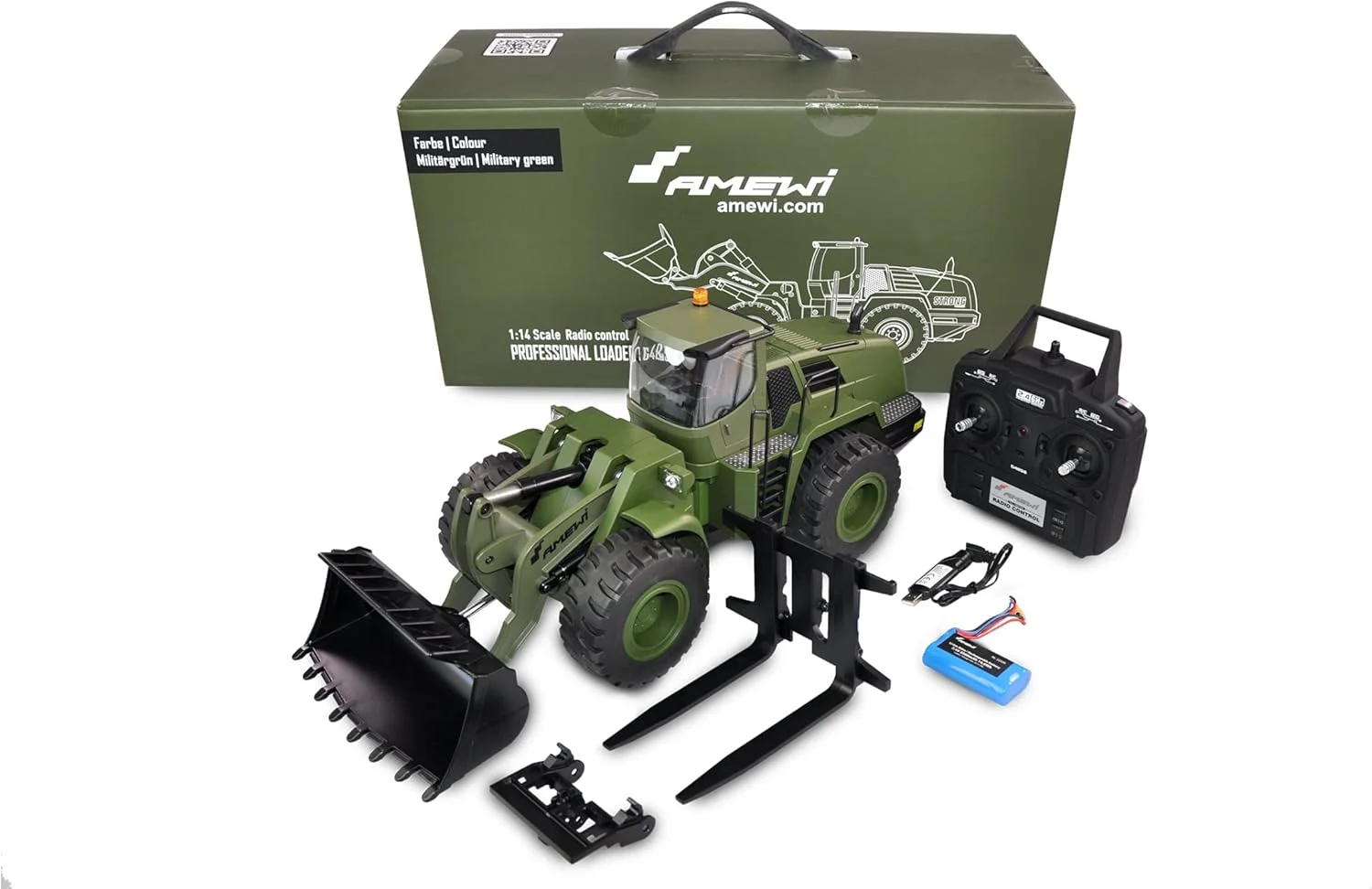 Amewi 22534 لودر چرخ دار G485E ME نظامی 1:14، فلز جزئی، صدا، نور، چراغ گردان، 10 کانال، با اتصال سریع و شاخک پالت، RTR زیتونی سبز