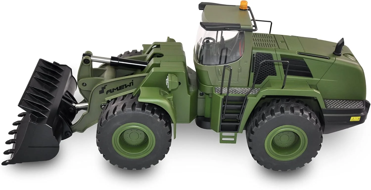 Amewi 22534 لودر چرخ دار G485E ME نظامی 1:14، فلز جزئی، صدا، نور، چراغ گردان، 10 کانال، با اتصال سریع و شاخک پالت، RTR زیتونی سبز