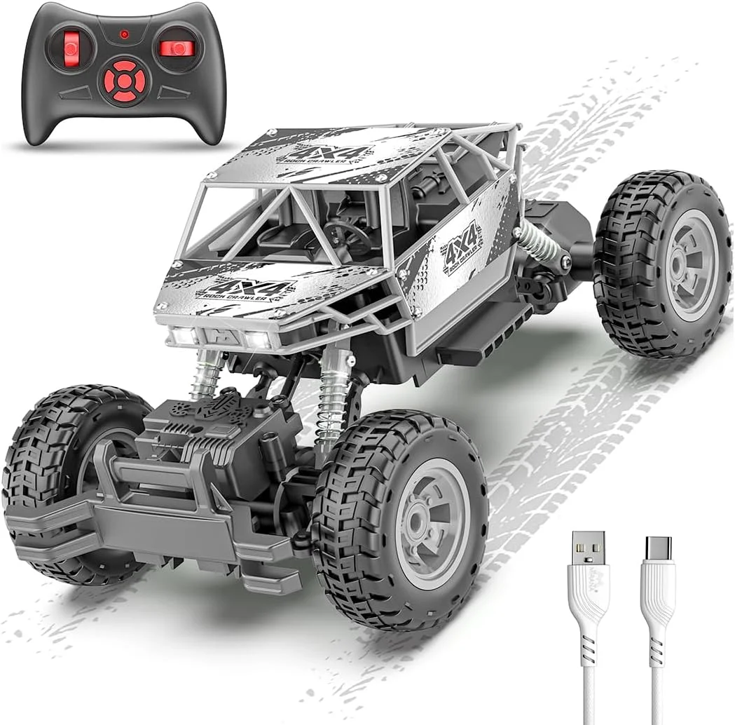 ماشین کنترلی میرانا داستر 4WD 4x4 | ماشین صخره نورد ATV با سرعت بالا | کامیون هیولا آفرود قابل شارژ USB نوع C | سیستم تعلیق فنری | اسباب بازی سرگرم کننده در فضای باز برای کودکان (چهار چرخ متحرک، نقره ای)
