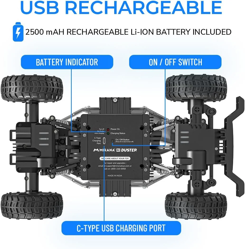 ماشین کنترلی میرانا داستر 4WD 4x4 | ماشین صخره نورد ATV با سرعت بالا | کامیون هیولا آفرود قابل شارژ USB نوع C | سیستم تعلیق فنری | اسباب بازی سرگرم کننده در فضای باز برای کودکان (چهار چرخ متحرک، نقره ای)