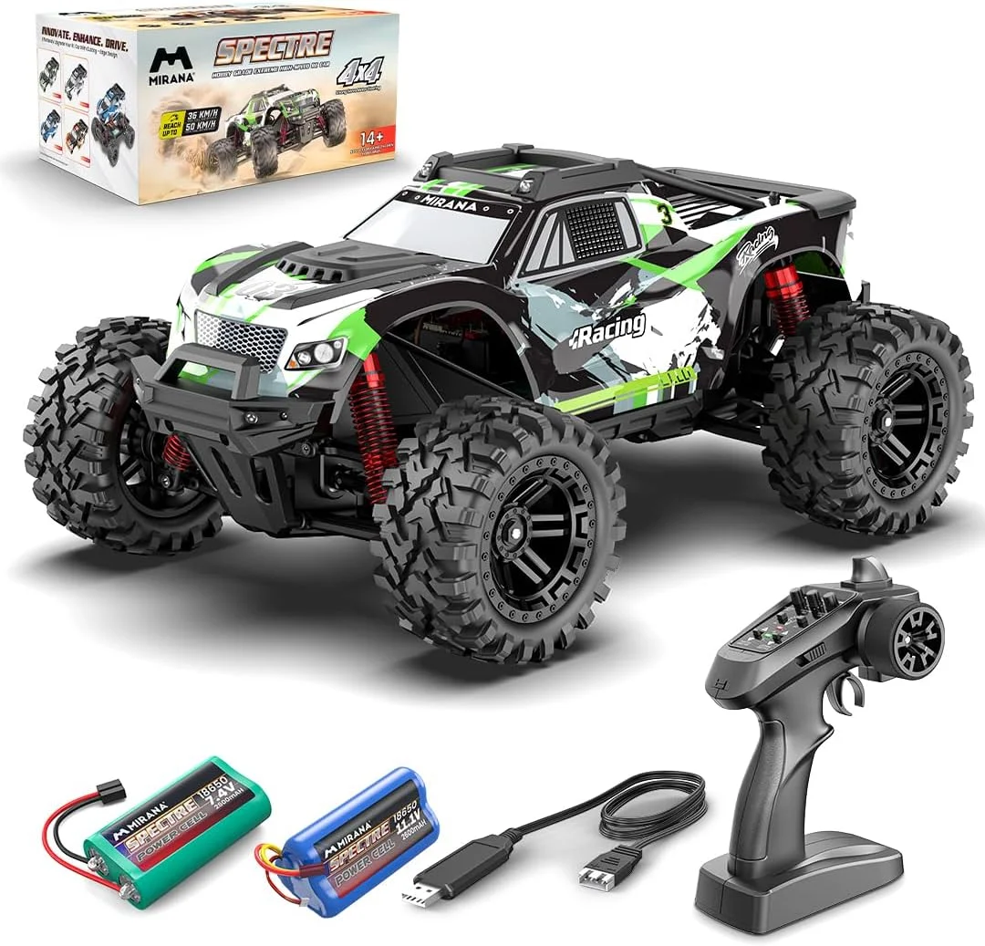 ماشین کنترلی سرعتی میرانا اسپکتر 1:10 مناسب نوجوانان و بزرگسالان تا سرعت 50 کیلومتر بر ساعت - ماشین آفرود هیولا ATV با کنترل از راه دور 4x4 - دارای 2 و 3 بسته باتری قابل شارژ - مناسب برای سنین 14 سال به بالا (سبز)