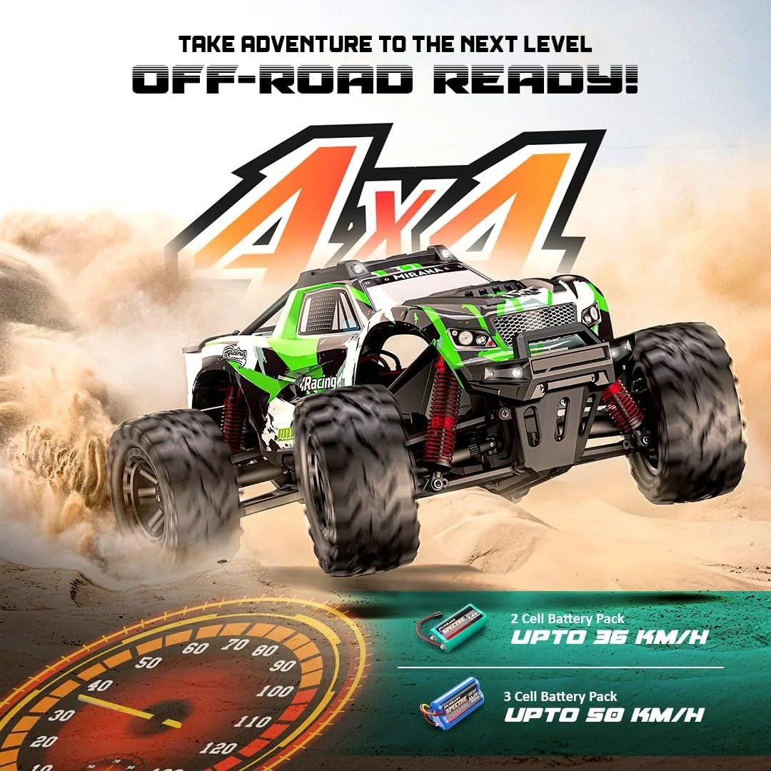 ماشین کنترلی سرعتی میرانا اسپکتر 1:10 مناسب نوجوانان و بزرگسالان تا سرعت 50 کیلومتر بر ساعت - ماشین آفرود هیولا ATV با کنترل از راه دور 4x4 - دارای 2 و 3 بسته باتری قابل شارژ - مناسب برای سنین 14 سال به بالا (سبز)
