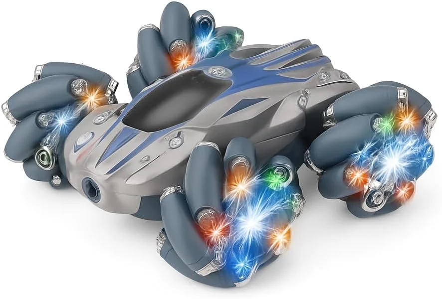 ماشین کنترلی دو طرفه فیتو با لاستیک های غلتکی چرخشی، چراغ های LED و کنترل از راه دور جوی استیک، نقره ای