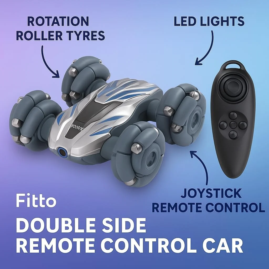 ماشین کنترلی دو طرفه فیتو با لاستیک های غلتکی چرخشی، چراغ های LED و کنترل از راه دور جوی استیک، نقره ای