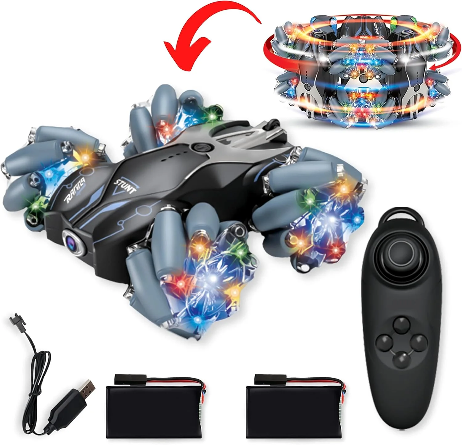 ماشین کنترلی دو طرفه فیتو با لاستیک های چرخشی، چراغ های LED و کنترل از راه دور جوی استیک، مشکی