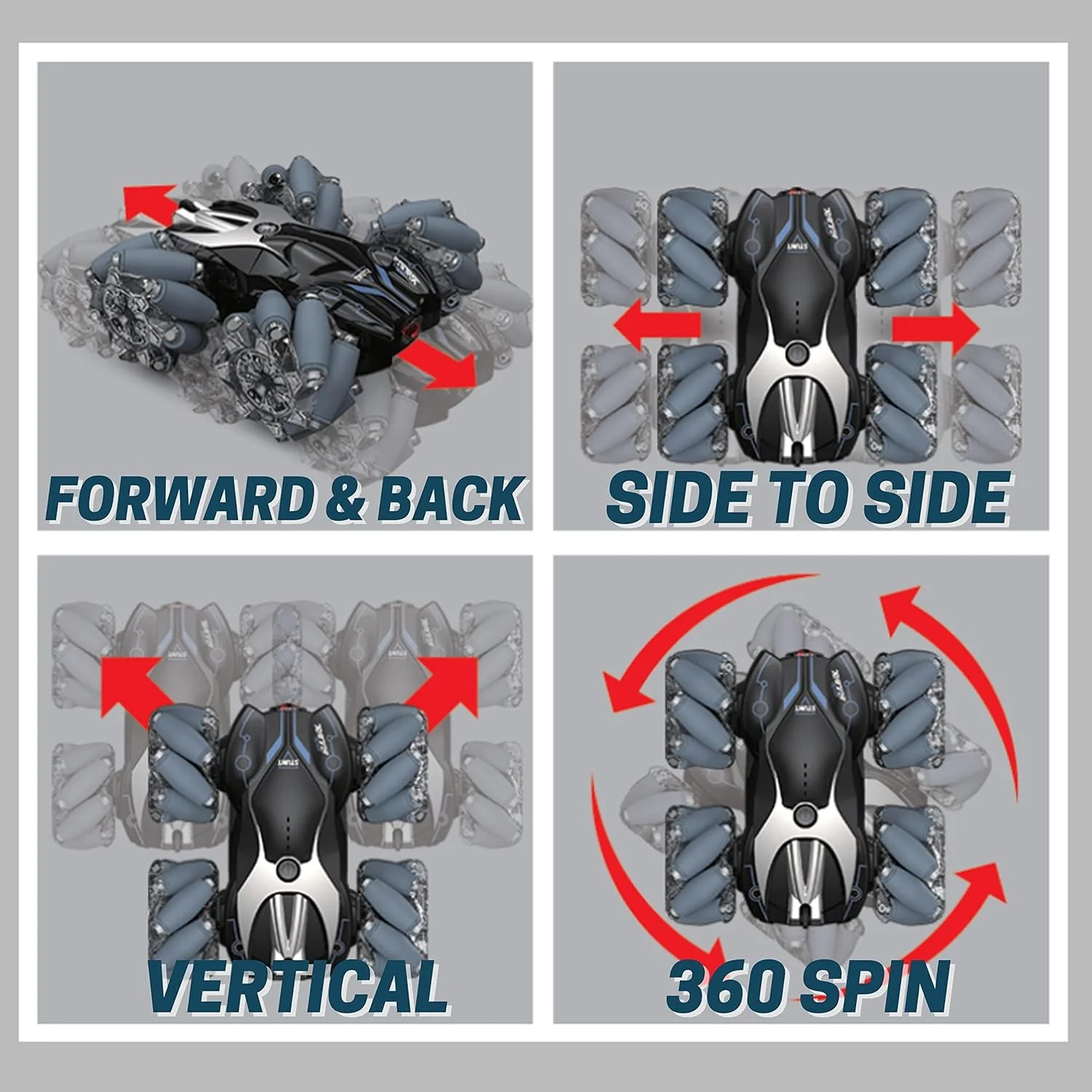 ماشین کنترلی دو طرفه فیتو با لاستیک های چرخشی، چراغ های LED و کنترل از راه دور جوی استیک، مشکی