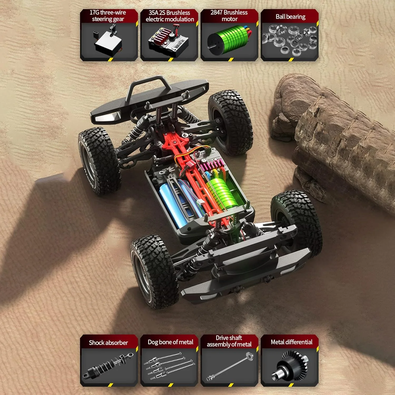 ماشین کنترلی Fawoonu مدل 116 با موتور براشلس 2.4 گیگاهرتز و سرعت 70 کیلومتر بر ساعت، مناسب برای تمام سطوح، آفرود، چهار چرخ متحرک، صخره نوردی، به همراه 2 باتری