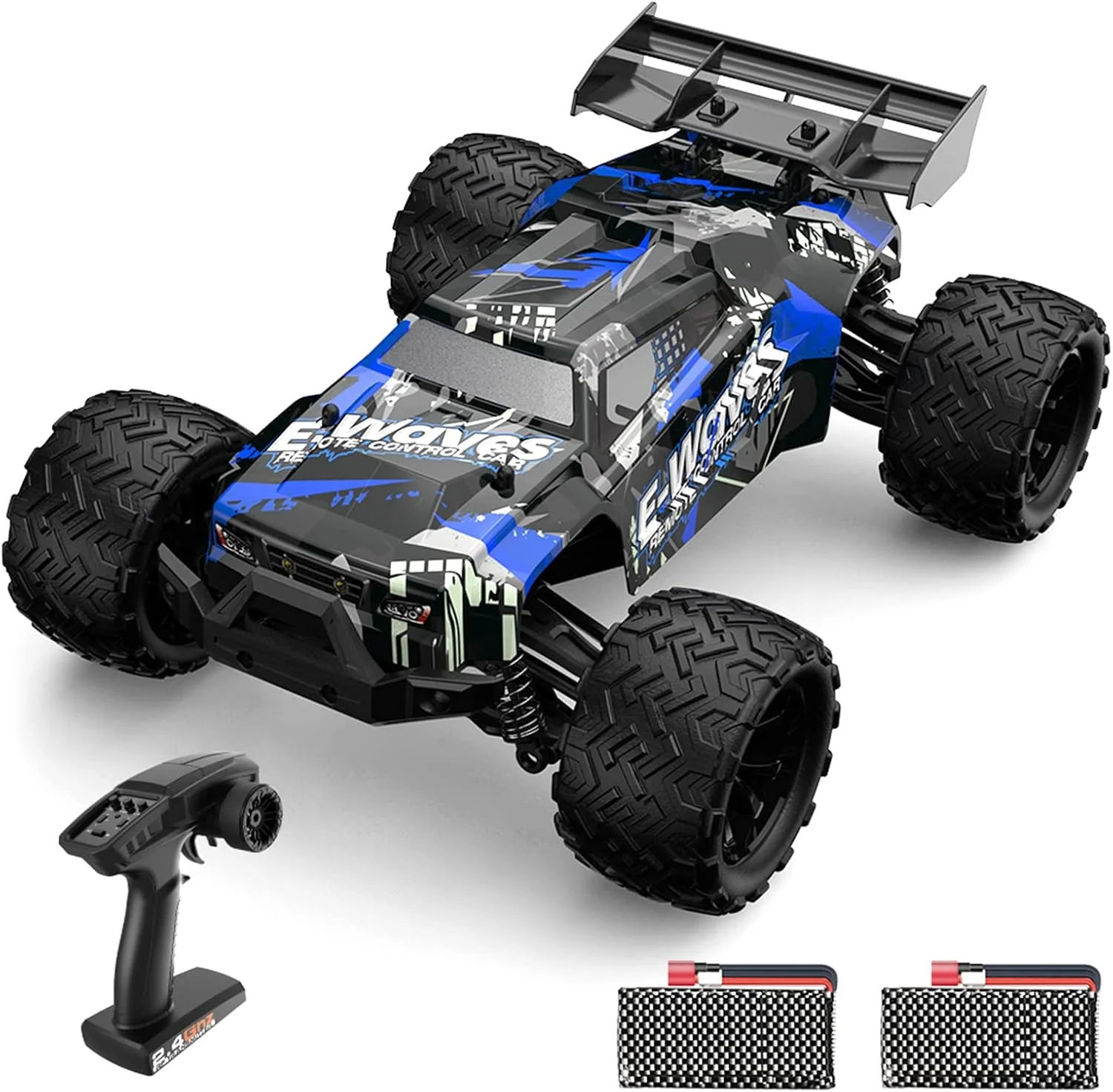 ماشین کنترلی از راه دور 1/14 2.4GHz 45km/h مناسب تمام سطوح، کامیون های آفرود 4WD موتور براشلس، ماشین صخره نوردی، هدیه در اندازه کامل برای کودکان و بزرگسالان 2 باتری