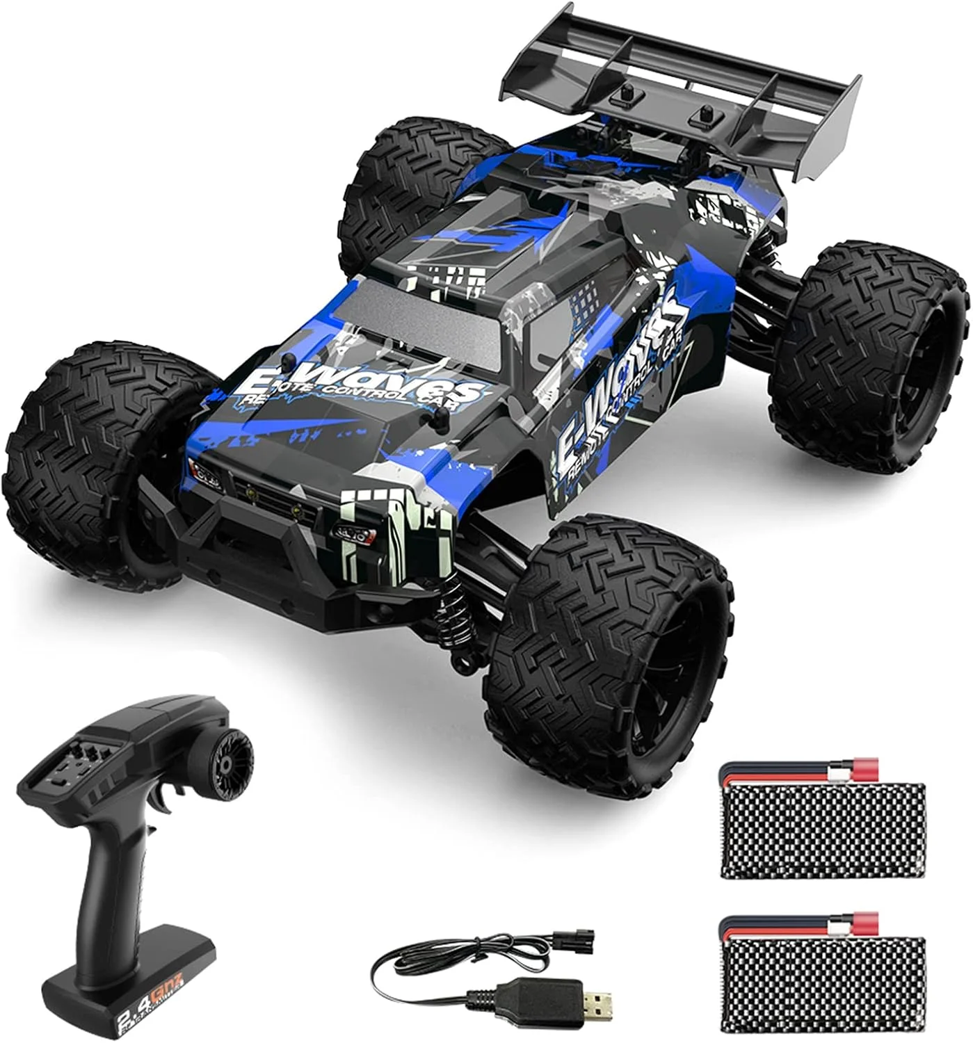 ماشین کنترلی از راه دور 1/14 2.4GHz 45km/h مناسب تمام سطوح، کامیون های آفرود 4WD موتور براشلس، ماشین صخره نوردی، هدیه در اندازه کامل برای کودکان و بزرگسالان 2 باتری