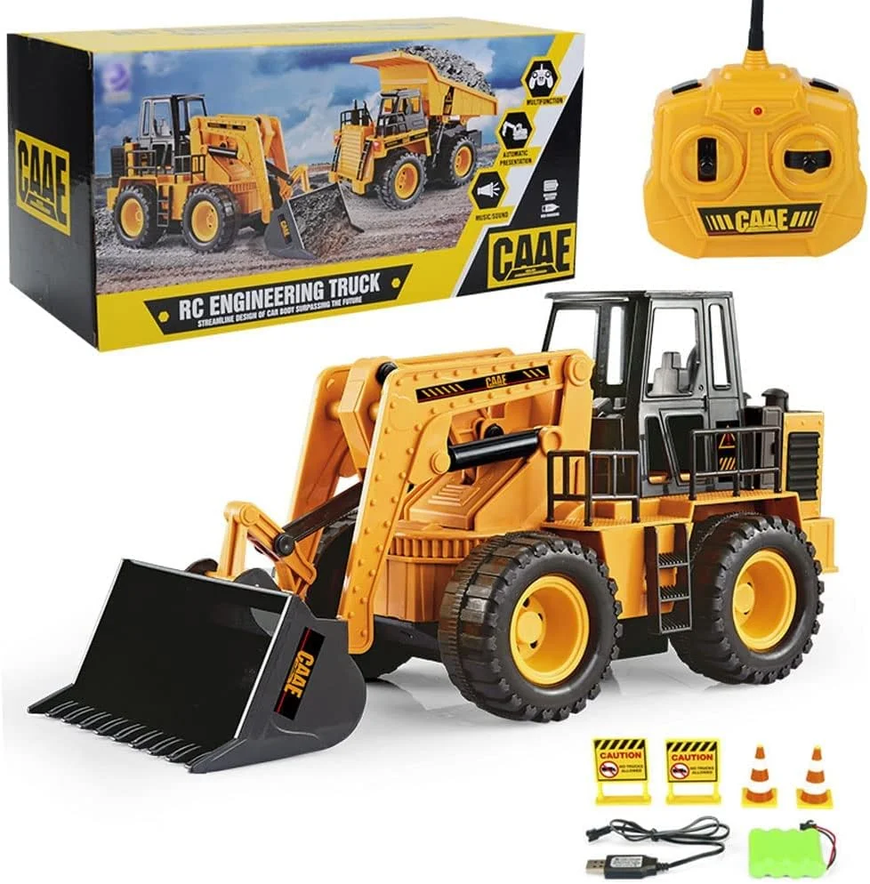لودر کنترلی راه دور، ماشین ساختمانی مقیاس 1/24، 2.4 گیگاهرتز 6 کانال با قابلیت چرخش 360 درجه، اسباب بازی لودر جلو با نور و صدا برای کودکان 6، 7، 8، 9، 10 سال و بالاتر