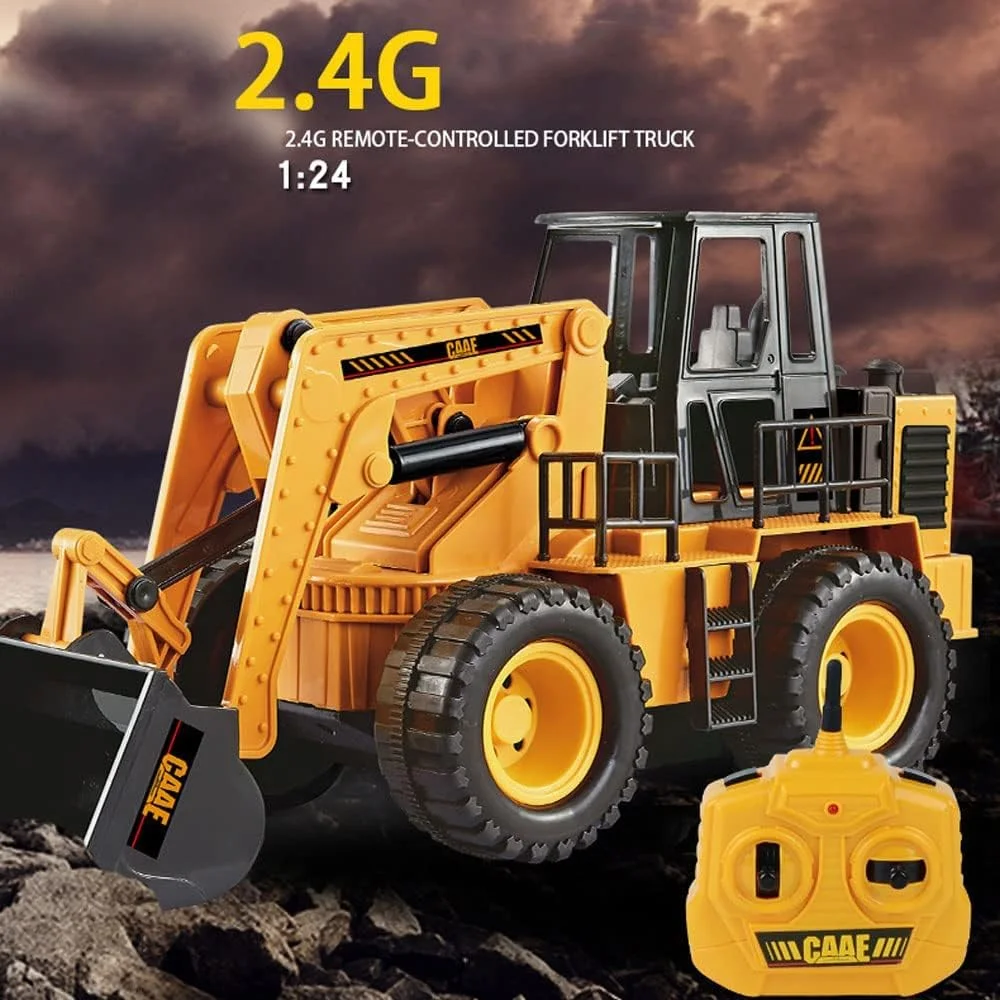 لودر کنترلی راه دور، ماشین ساختمانی مقیاس 1/24، 2.4 گیگاهرتز 6 کانال با قابلیت چرخش 360 درجه، اسباب بازی لودر جلو با نور و صدا برای کودکان 6، 7، 8، 9، 10 سال و بالاتر