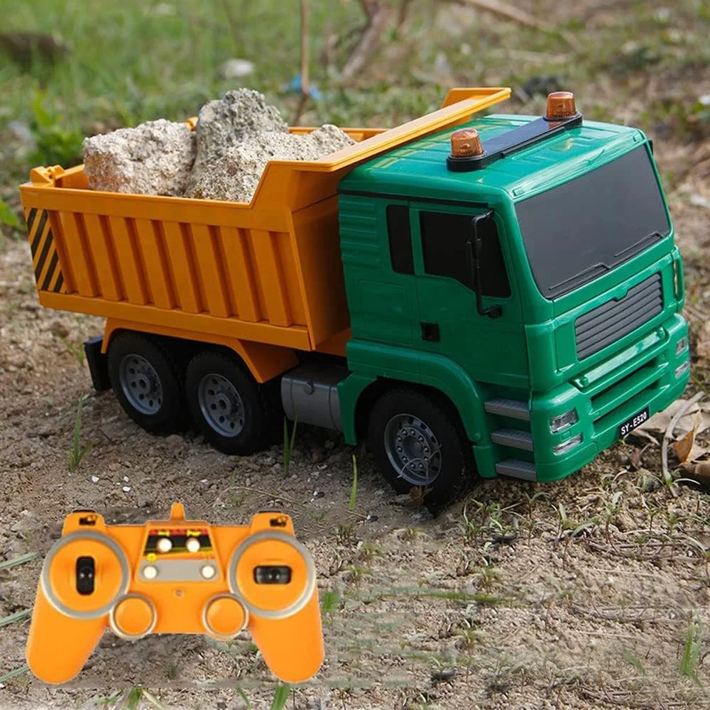 کامیون کنترلی، مقیاس 1/20، 6 کانال، 2.4 گیگاهرتز، اسباب بازی ماشین ساختمانی کامیون کمپرسی کنترلی با قابلیت بلند کردن با یک دکمه، دارای چراغ های LED و صدای شبیه سازی شده برای کودکان