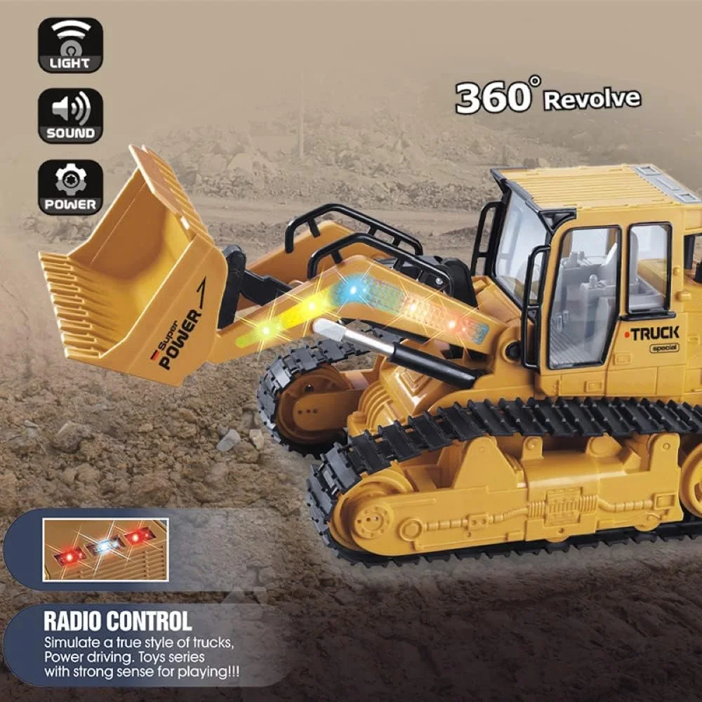 بولدوزر آرسی 5 کاناله، بیل مکانیکی کنترلی 1/16، اسباب بازی ماشین های ساختمانی لودر جلو با عملکرد کامل با چراغ ها، صدای شبیه سازی شده برای هدیه کودک