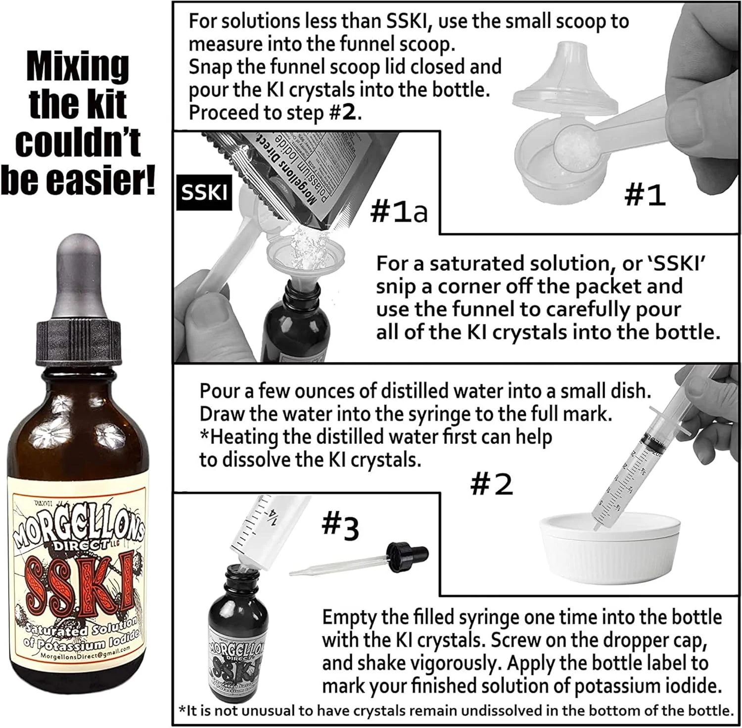 کیت تهیه محلول یدید پتاسیم SSKI شامل ابزار لازم و کریستال های یدید پتاسیم مکمل غذایی از پیش اندازه گیری شده. فقط آب مقطر اضافه کنید. کیت تهیه محلول یدید پتاسیم SSKI شامل ابزار لازم و کریستال های یدید پتاسیم مکمل غذایی از پیش اندازه گیری شده. فقط آب مقطر اضافه کنید.