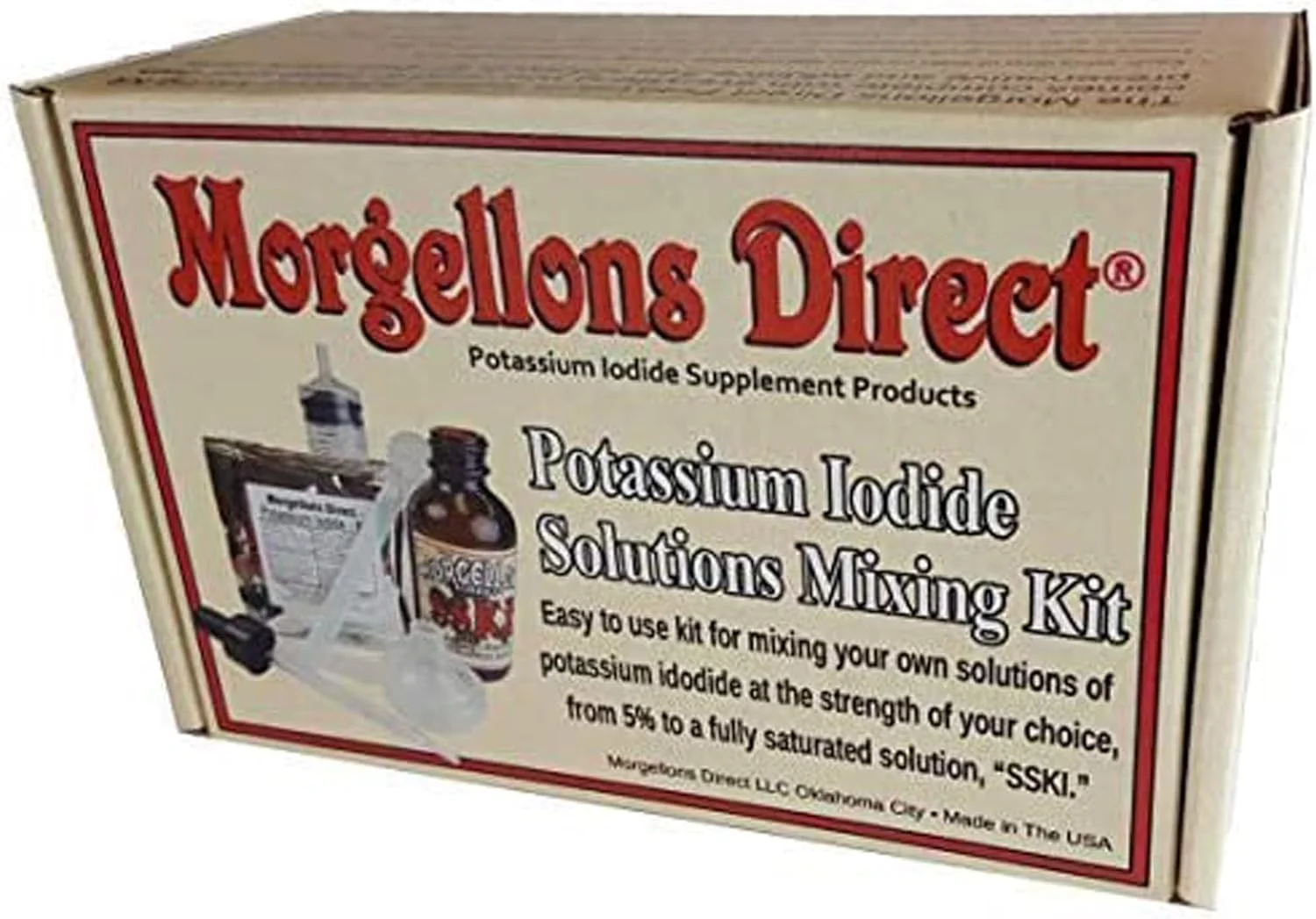 کیت تهیه محلول یدید پتاسیم SSKI شامل ابزار لازم و کریستال های یدید پتاسیم مکمل غذایی از پیش اندازه گیری شده. فقط آب مقطر اضافه کنید. کیت تهیه محلول یدید پتاسیم SSKI شامل ابزار لازم و کریستال های یدید پتاسیم مکمل غذایی از پیش اندازه گیری شده. فقط آب مقطر اضافه کنید.