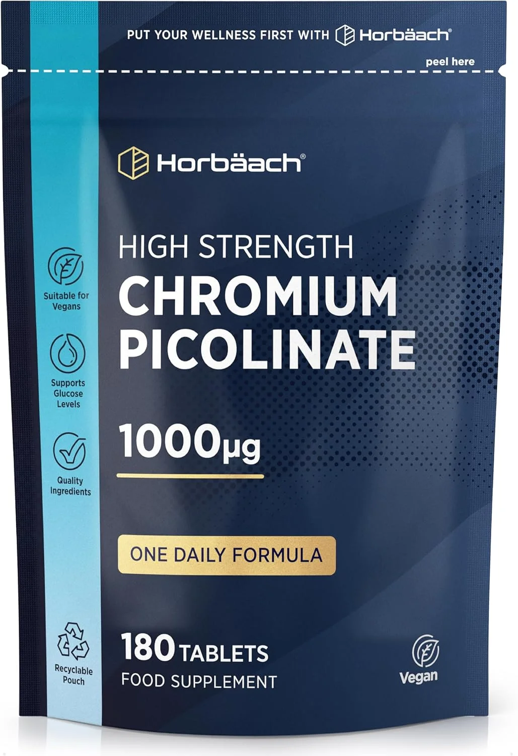 کرومیوم پیکولینات 1000 میکروگرم هورباخ | 180 قرص | مکمل برای گیاهخواران | پشتیبانی از سطح قند خون نرمال | بدون مواد نگهدارنده مصنوعی | توسط