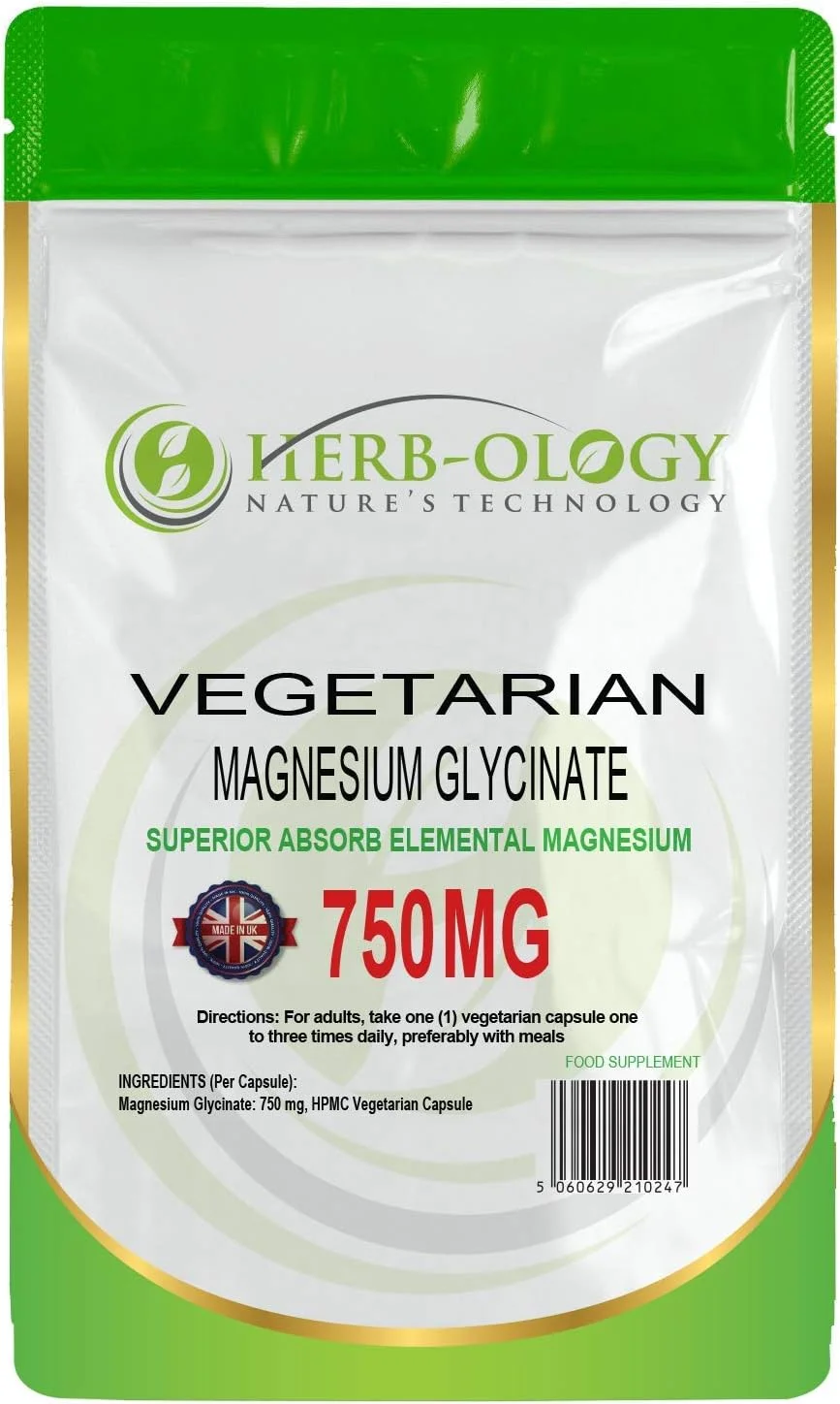 کپسول های منیزیم گلیسینات Herb-ology.co.uk Nature's Technology | 120 کپسول گیاهی | مکمل های منیزیم | 750 میلی گرم در هر کپسول | فراهمی زیستی بالا، بدون لبنیات و تولید شده در انگلستان