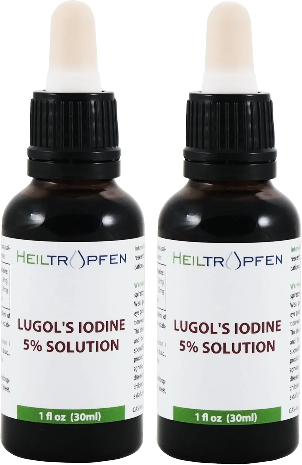 محلول ید لوگول 5% Heiltropfen، بسته دوقلو (دو بطری)، 2X 1 اونس، گرید دارویی. فرمولاسیون مایع 15%. ساخته شده با 5 درصد ید و 10 درصد یدید پتاسیم.