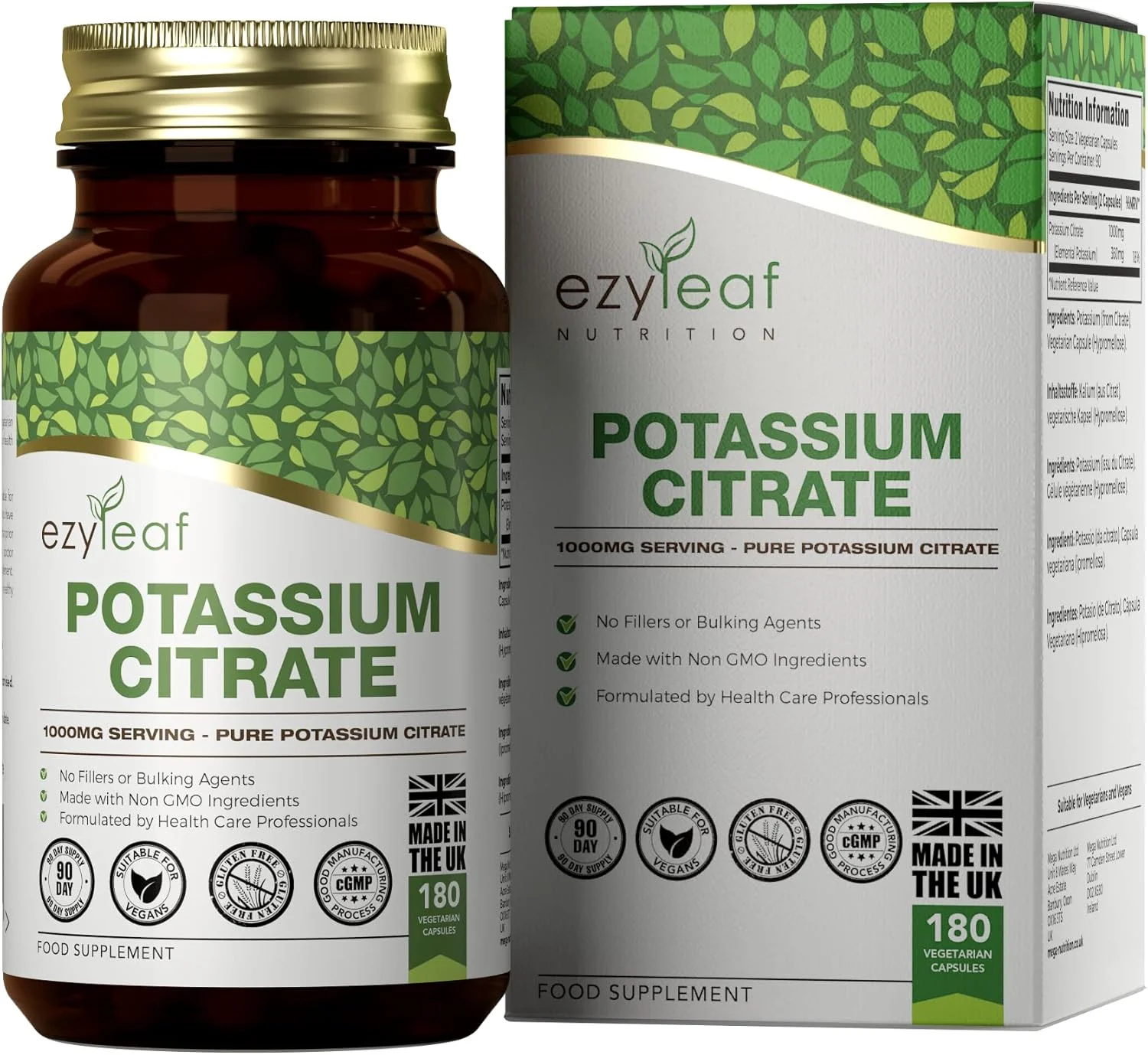 سیترات پتاسیم Ezyleaf | ۱۸۰ کپسول پتاسیم با دوز بالا - ۱۰۰۰ میلی گرم پتاسیم در هر وعده | پتاسیم با دوز بالا | بدون مواد افزودنی، GMO، گلوتن، شیر و مواد آلرژی زا