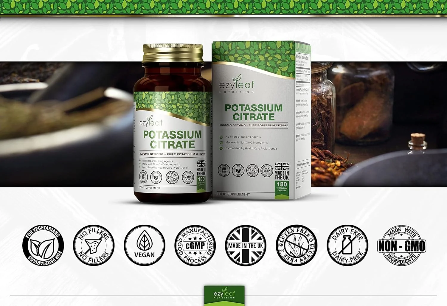 سیترات پتاسیم Ezyleaf | ۱۸۰ کپسول پتاسیم با دوز بالا - ۱۰۰۰ میلی گرم پتاسیم در هر وعده | پتاسیم با دوز بالا | بدون مواد افزودنی، GMO، گلوتن، شیر و مواد آلرژی زا سیترات پتاسیم Ezyleaf | ۱۸۰ کپسول پتاسیم با دوز بالا - ۱۰۰۰ میلی گرم پتاسیم در هر وعده | پتاسیم با دوز بالا | بدون مواد افزودنی، GMO، گلوتن، شیر و مواد آلرژی زا