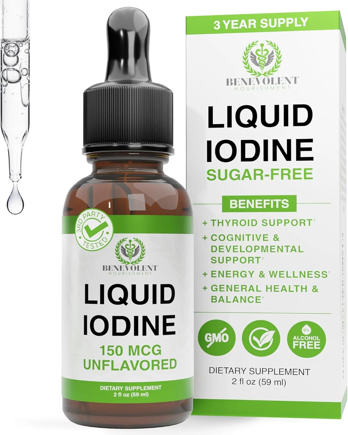 قطره ید و پتاسیم مایع بدون الکل و گلوتن با جذب 2 برابر (بطری بزرگ 2oz) - 1300 سروینگ