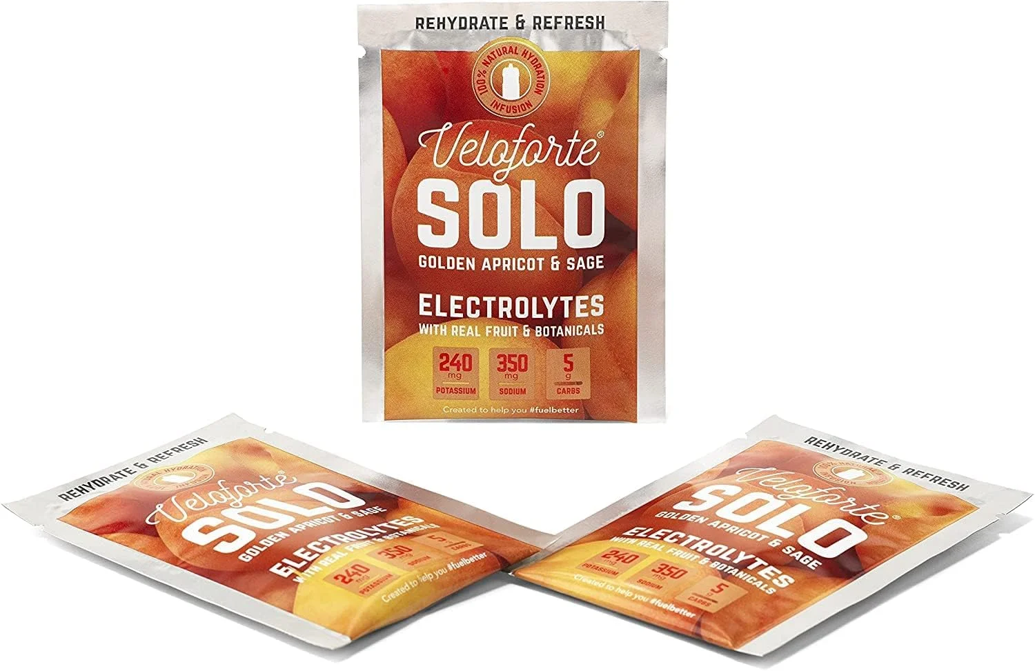 پودر آبرسان الکترولیت Veloforte Solo - زردآلوی طلایی و مریم گلی - 9 عدد x 7 گرم - 5 گرم کربوهیدرات، 240 میلی گرم پتاسیم، 350 میلی گرم سدیم، آبرسانی مجدد، الکترولیت های خالص، 100% طبیعی، وگان، بدون گلوتن
