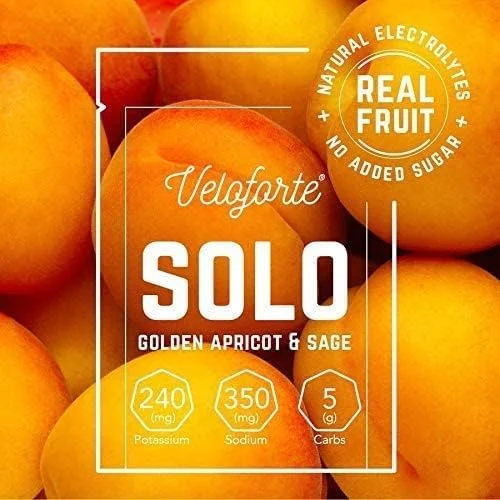 پودر آبرسان الکترولیت Veloforte Solo - زردآلوی طلایی و مریم گلی - 9 عدد x 7 گرم - 5 گرم کربوهیدرات، 240 میلی گرم پتاسیم، 350 میلی گرم سدیم، آبرسانی مجدد، الکترولیت های خالص، 100% طبیعی، وگان، بدون گلوتن