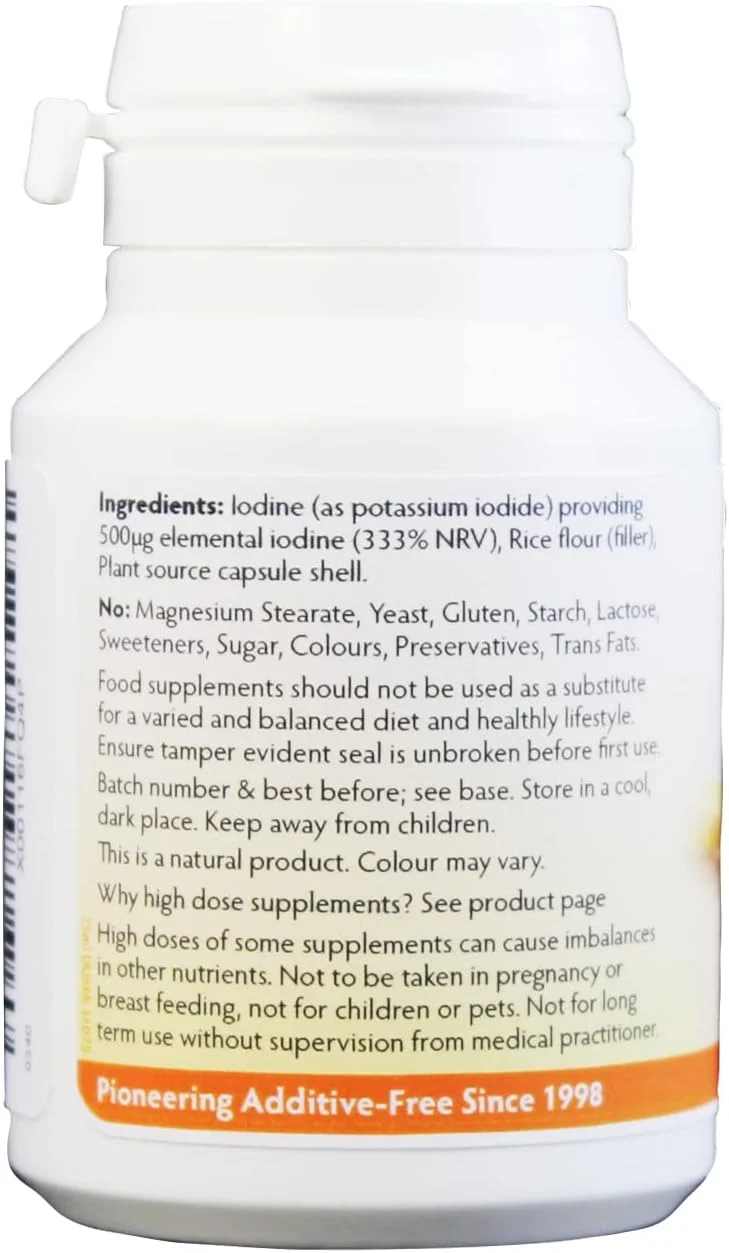 ید لوگول (قدرت بالا) 500 میکروگرم 120 کپسول، ید به عملکرد طبیعی تیروئید کمک می کند، کپسول های کوچک با بلع آسان، بدون استئارات منیزیم و بدون افزودنی های نامناسب، وگان، ساخت ولز