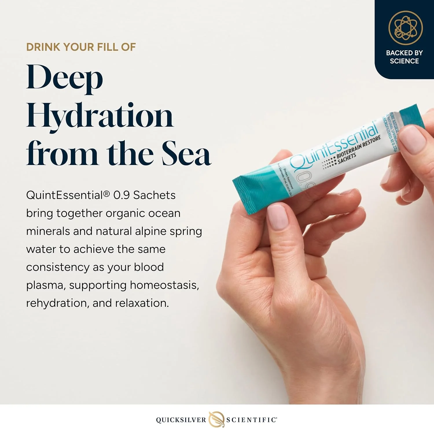 کوئیک سیلور ساینتیفیک کوینت اسنشیال 0.9 ساشه - محلول ایزوتونیک با مواد معدنی آب دریا + آب چشمه آلپاین - آبرسانی مایع، الکترولیت + مکمل چند ماده معدنی (30 عدد)