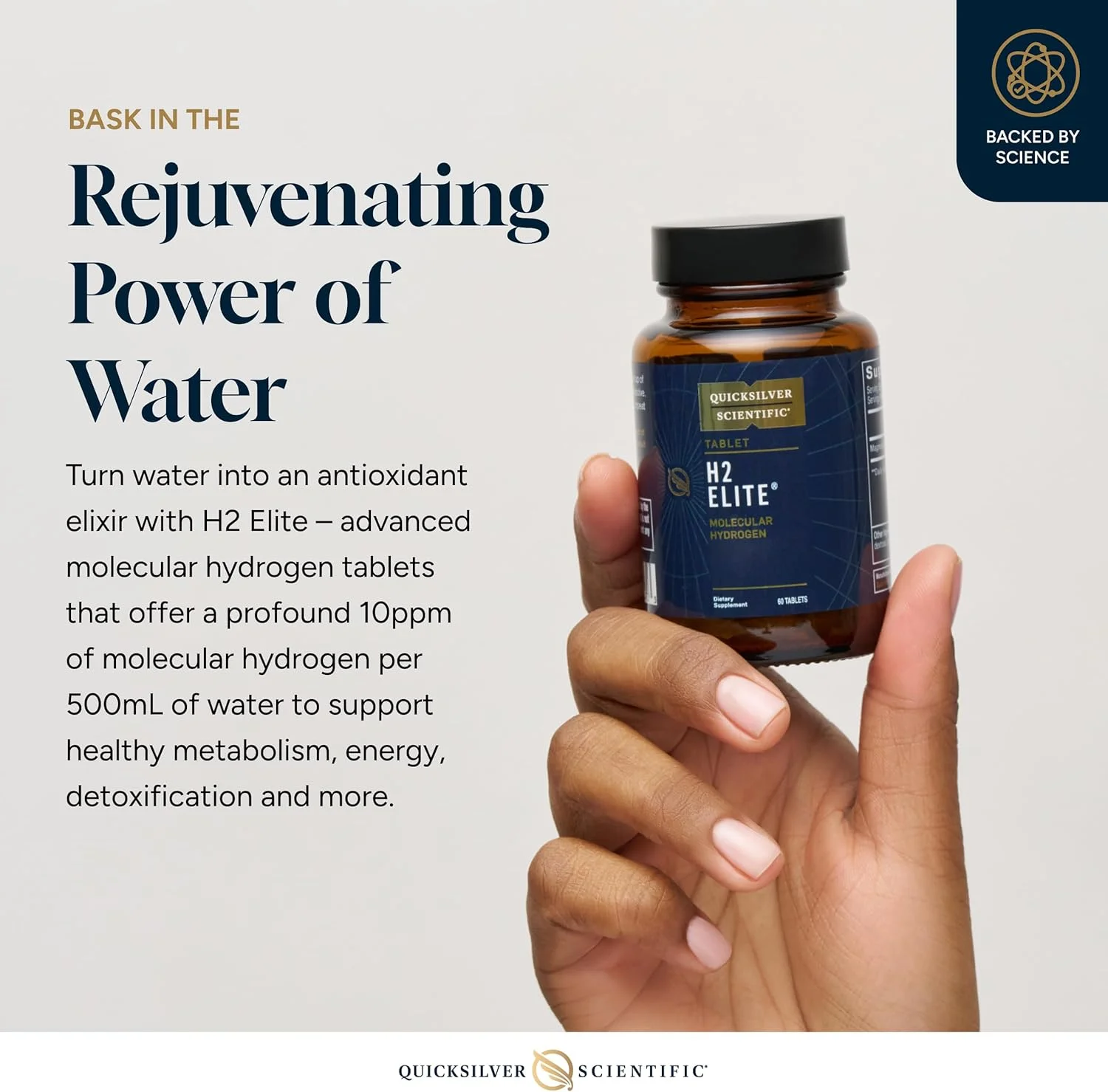 قرص های هیدروژن مولکولی Quicksilver Scientific H2 Elite برای پشتیبانی از انرژی و متابولیسم، قرص های مناسب برای ظروف باز - افزودنی نوشیدنی منیزیم مالات (60 عدد قرص هیدروژن مولکولی)