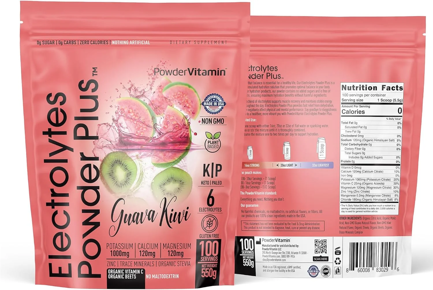پودر الکترولیت PowderVitamin Plus (100 سروینگ) با طعم گواوا کیوی، بدون کالری، مناسب کتو، بدون شکر، بدون مالتودکسترین، 1000 میلی گرم پتاسیم، 120 میلی گرم کلسیم، 120 میلی گرم منیزیم، پودر آبرسان