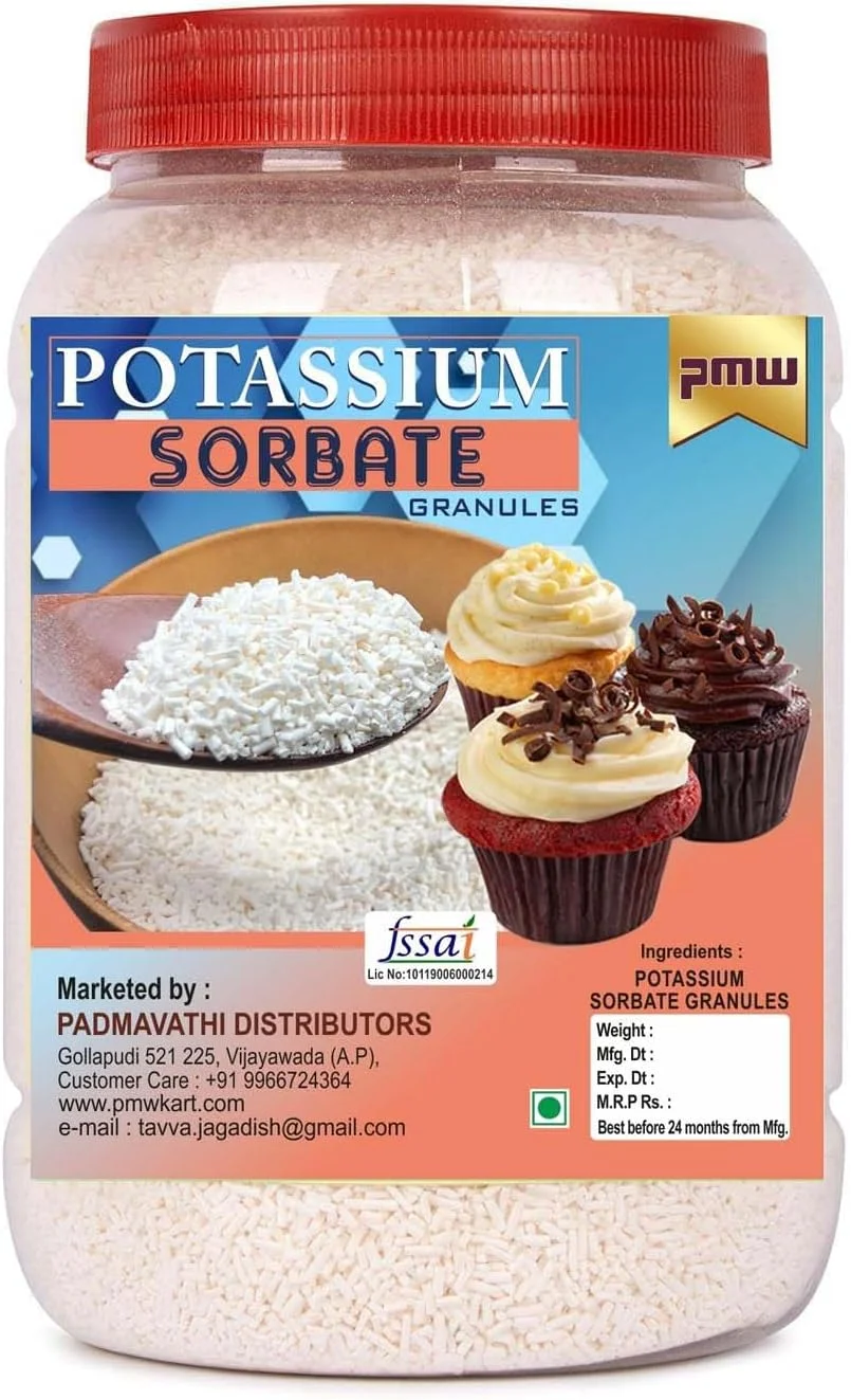 پ.م.و - بسته جدید شیشه ای - سوربات پتاسیم - گرید غذایی - C6H7KO2 - خلوص ۹۹٪ - ۵۰ گرم