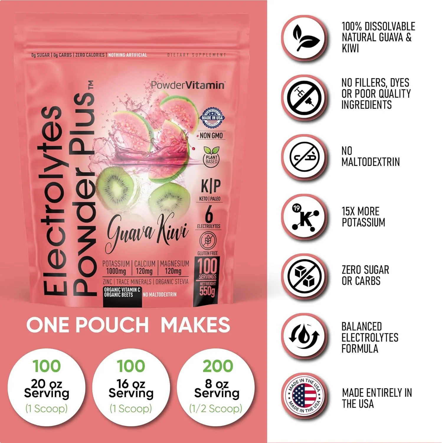 پودر الکترولیت PowderVitamin Plus (100 سروینگ) با طعم گواوا کیوی، بدون کالری، مناسب کتو، بدون شکر، بدون مالتودکسترین، 1000 میلی گرم پتاسیم، 120 میلی گرم کلسیم، 120 میلی گرم منیزیم، پودر آبرسان پودر الکترولیت PowderVitamin Plus (100 سروینگ) با طعم گواوا کیوی، بدون کالری، مناسب کتو، بدون شکر، بدون مالتودکسترین، 1000 میلی گرم پتاسیم، 120 میلی گرم کلسیم، 120 میلی گرم منیزیم، پودر آبرسان