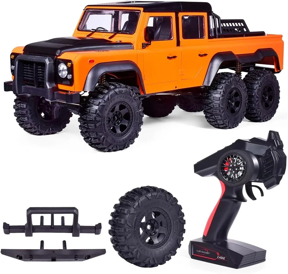 کامیون آرسی آفرود صخره نورد 6 چرخ محرک مقیاس 1/10 با چراغ و صدا و 2 دنده (نارنجی)