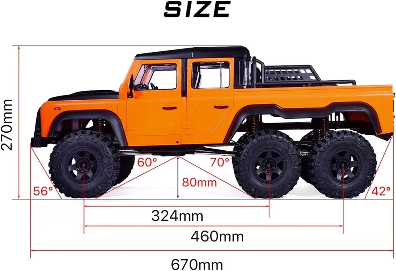 کامیون آرسی آفرود صخره نورد 6 چرخ محرک مقیاس 1/10 با چراغ و صدا و 2 دنده (نارنجی)