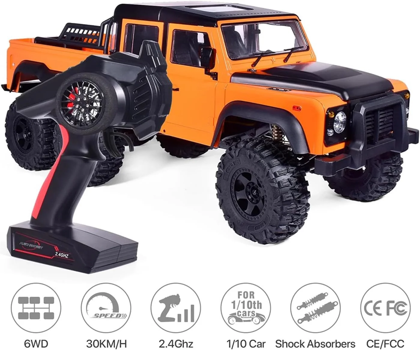 کامیون آرسی آفرود صخره نورد 6 چرخ محرک مقیاس 1/10 با چراغ و صدا و 2 دنده (نارنجی)