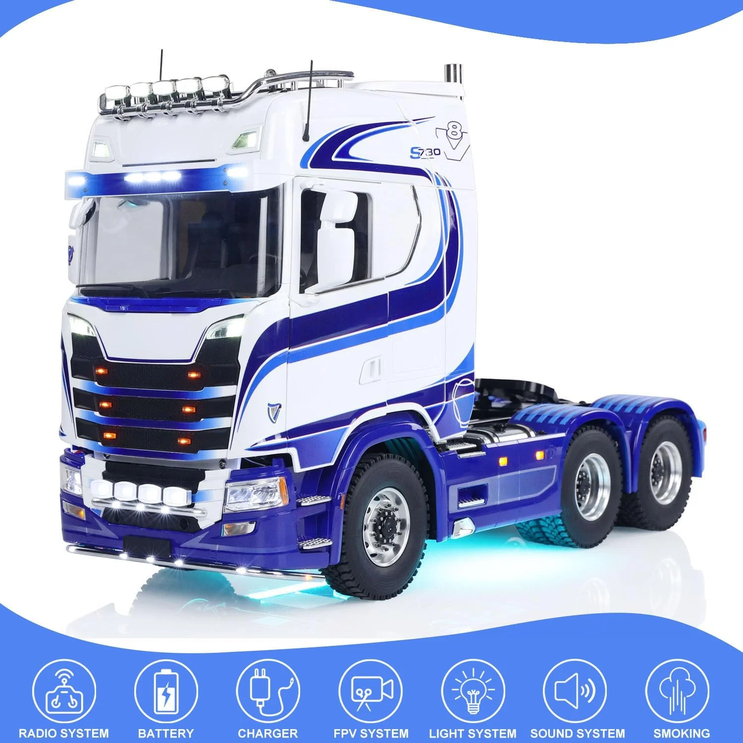 تراکتور کنترلی 6x6 مدل 770S در مقیاس 1/14، دارای سیستم FPV، صدا و دود، دو سرعته، تمام چرخ محرک با شاسی فلزی، قفل دیفرانسیل، مدل RTR، شاسی فلزی، کامیون کنترلی رادیویی، باتری ST8، مدل حرفه ای