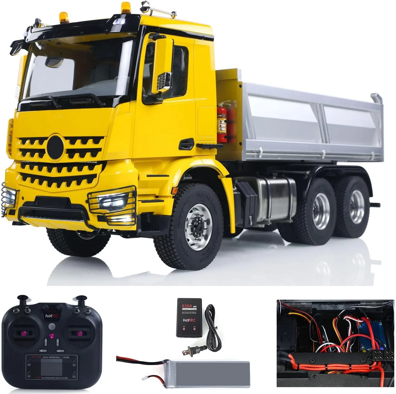 کامیون کمپرسی هیدرولیک آرسی فلزی 6X6 مقیاس 1/14، شاسی فلزی، مدل دو سرعته، کنترل از راه دور، بدون قفل دیفرانسیل، چراغ، صدا، رادیو، باتری، مدل حرفه ای