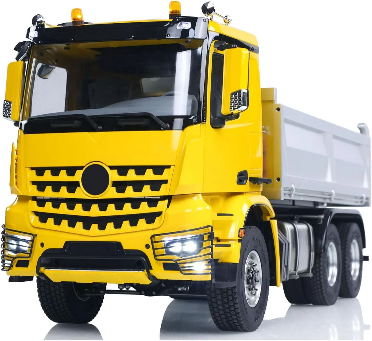 کامیون کمپرسی هیدرولیک آرسی فلزی 6X6 مقیاس 1/14، شاسی فلزی، مدل دو سرعته، کنترل از راه دور، بدون قفل دیفرانسیل، چراغ، صدا، رادیو، باتری، مدل حرفه ای