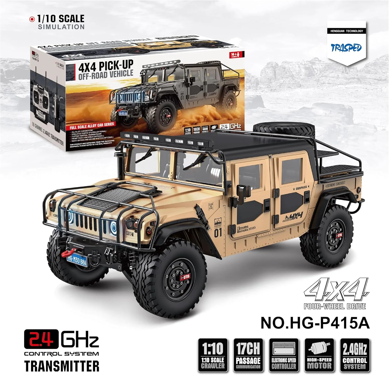 خودروی آفرود آرسی 4x4 مدل HG P415A Pro Pick-up در مقیاس 1:10 با سیستم نور و صدا، موتور، سروو، واحد دود و مدل حرفه ای