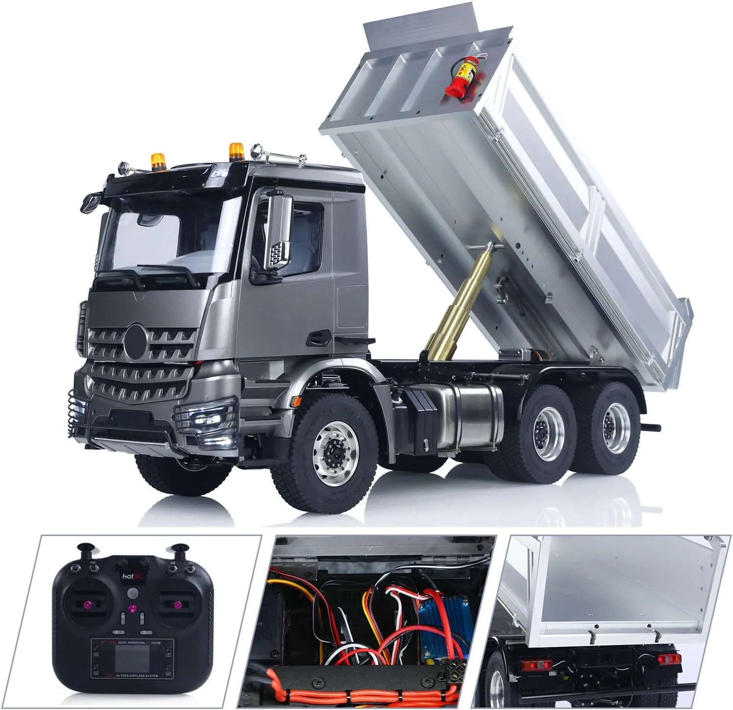 کامیون کمپرسی هیدرولیک آرسی 3348 مقیاس 1/14 مدل 2025، شاسی فلزی 6WD با کنترل رادیویی، مدل حرفه ای با نور و صدا