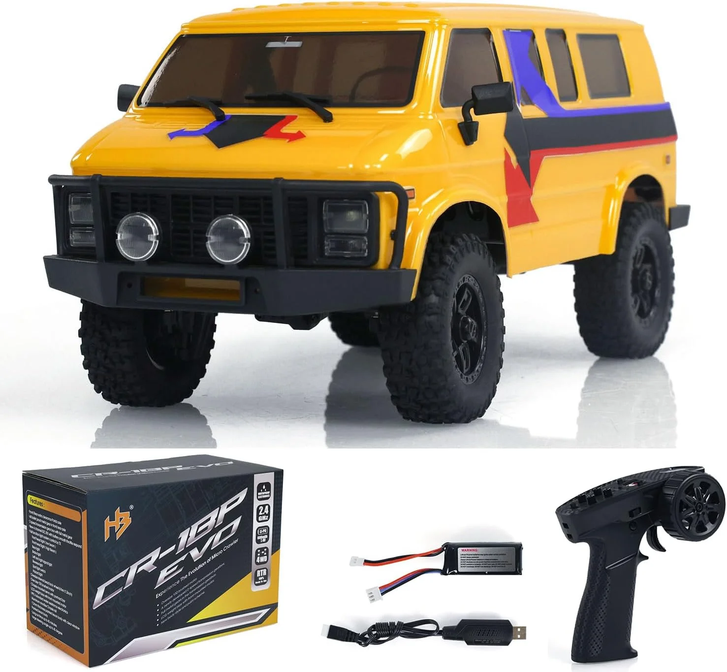 ماشین خزنده آرسی کنترلی 4WD مقیاس 1/18، مدل وسایل نقلیه آفرود با سیستم نور، موتور و سروو (زرد)