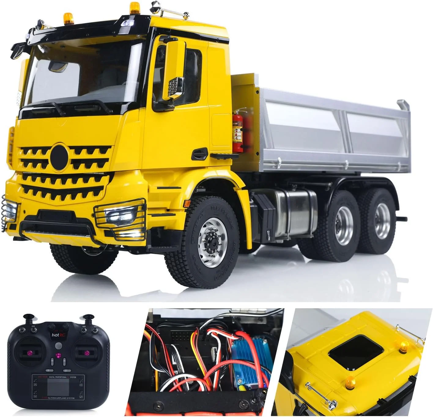 شاسی فلزی 6x6 دو سرعته کامیون کمپرسی هیدرولیک رادیویی کنترل از راه دور 1/14 مدل 3348 با دیفرانسیل و صدا و نور رادیو HotRC 2025 مدل حرفه ای برای بزرگسالان