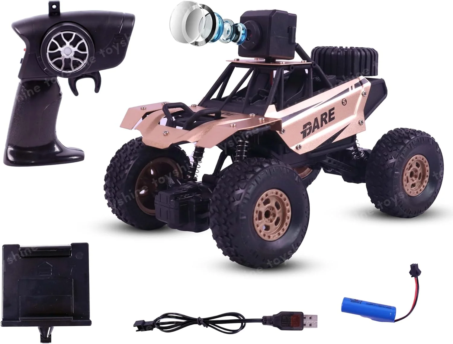 ماشین کنترلی مقیاس 1:18 Toyshine، 2.4 گیگاهرتز، آلیاژی، آفرود، صخره نورد، دارای دوربین وای فای، پایه نگهدارنده موبایل، ماشین مسابقه ای سریع، اسباب بازی سرگرمی الکتریکی برای کودکان و بزرگسالان - طلایی
