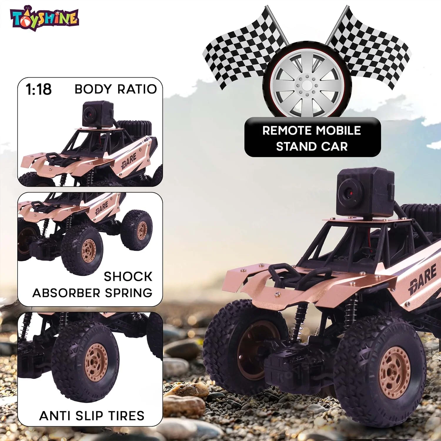 ماشین کنترلی مقیاس 1:18 Toyshine، 2.4 گیگاهرتز، آلیاژی، آفرود، صخره نورد، دارای دوربین وای فای، پایه نگهدارنده موبایل، ماشین مسابقه ای سریع، اسباب بازی سرگرمی الکتریکی برای کودکان و بزرگسالان - طلایی